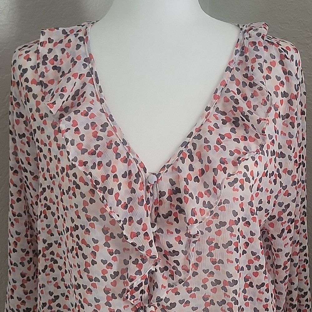LOFT Sheer White with Hearts Blouse. Size L.